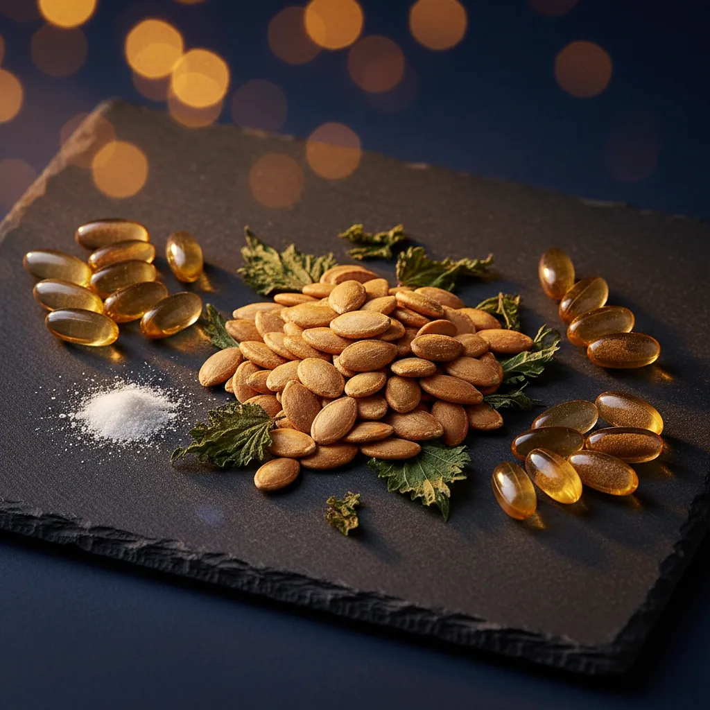 Pompoenzaad supplement mannen - natuurlijke ingrediënten: pompoenzaden, netelblaadjes, capsules op leisteen