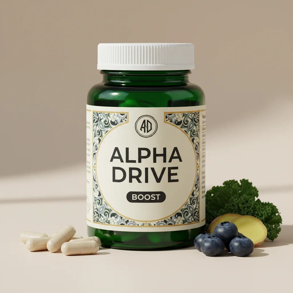 Alpha Drive supplement pot - donkerblauwe pot met goudkleurig accent, voedingssupplement voor mannen boven 50
